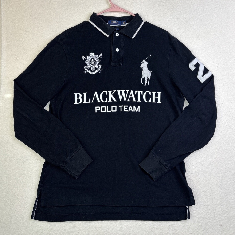 Polo Ralph Lauren Rugby Shirt Men L Black Long Sleeve Blackwatch Team Flag RL